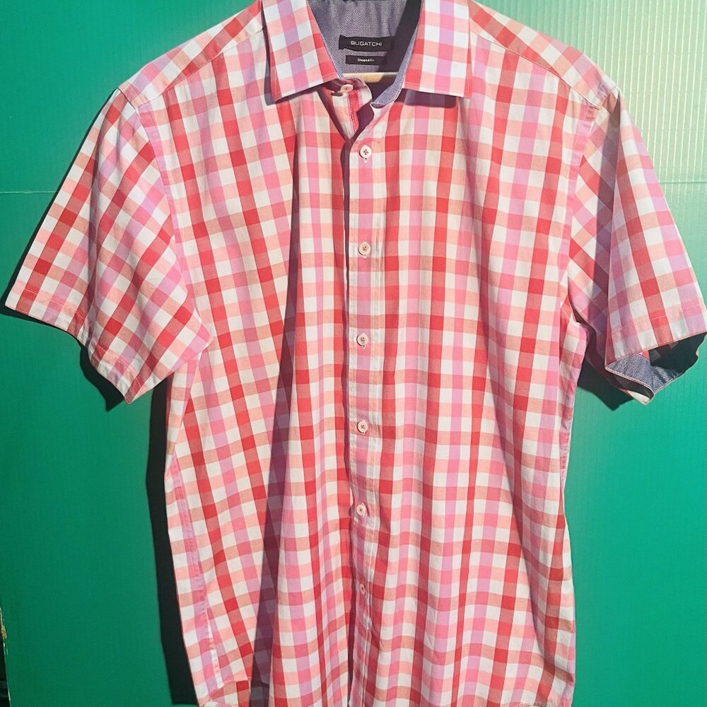 Bugatchi Red & White Gingham Short Sleeve Shirt L | Shaped Fit Casual Button Up